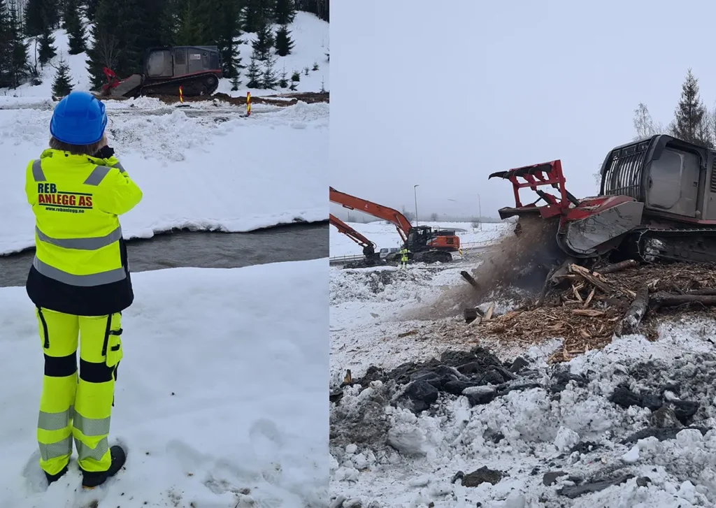 To bilder av en mann som står ved siden av en snøhaug og ser fornøyd ut.