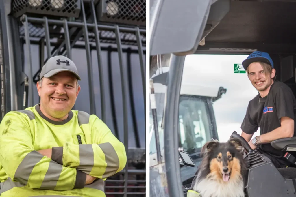 To bilder av en mann og en hund foran en lastebil i en park