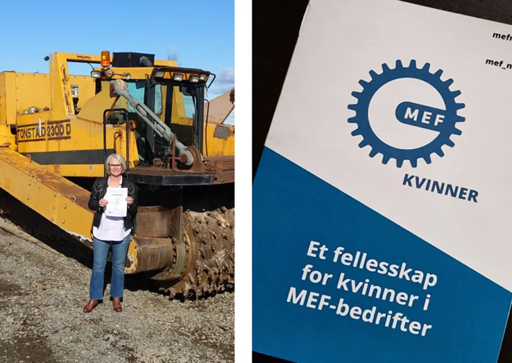 En kvinne, muligens kalt Reb, står ved siden av en bulldoser og en bok i Tyskland, spesielt i forbindelse med Prinoth.